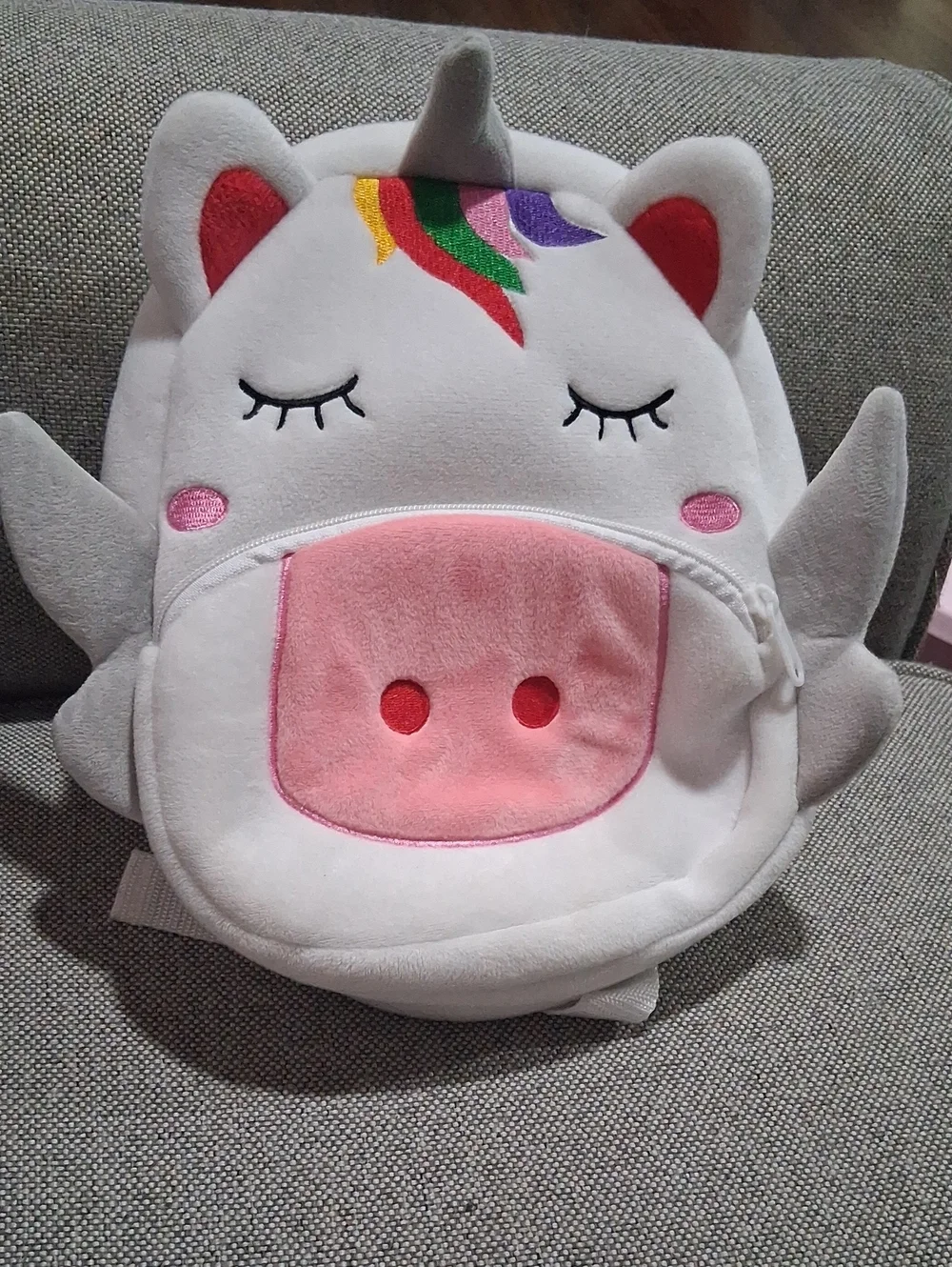 Akoo Plush Unicorn Kids Backpack - White, Pink, Gray with Rainbow Mane